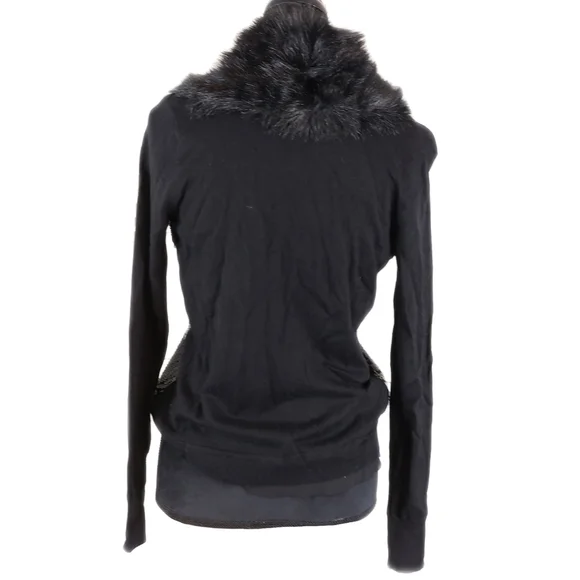 Jones New York Petite Black Fur Collar Wool Blend Sequins Cardigan Sz PM NWT - Picture 8 of 9